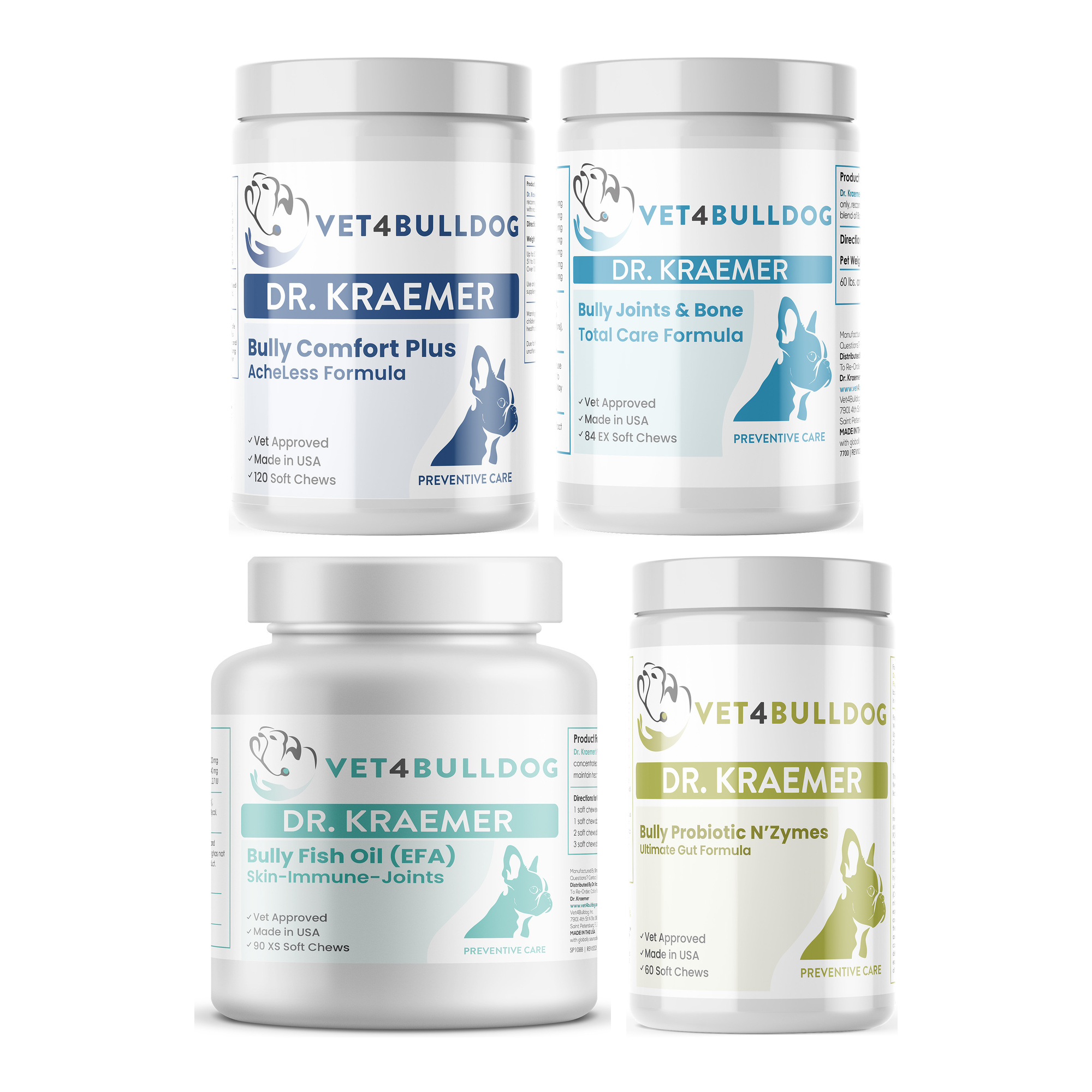 Bully Arthritis Pain and Aches Essential Bundle 60lb and Over with Bulldog Comfort Plus AcheLess Formula, Bully Joint & Bone Total Care (60lb & Over / 84 Chews), Bully Fish Oil EFA DS (Sm-Med-Lg / 90 DS-chews), Bully Pre / Probiotics N' Zyme KEEP-UP on a white background.