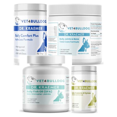 Dr. Kraemer’s Bully Arthritis Pain and Aches Essential Bundle 60lb and Over, current Vet4Bulldog products in a closeup bundle packshot