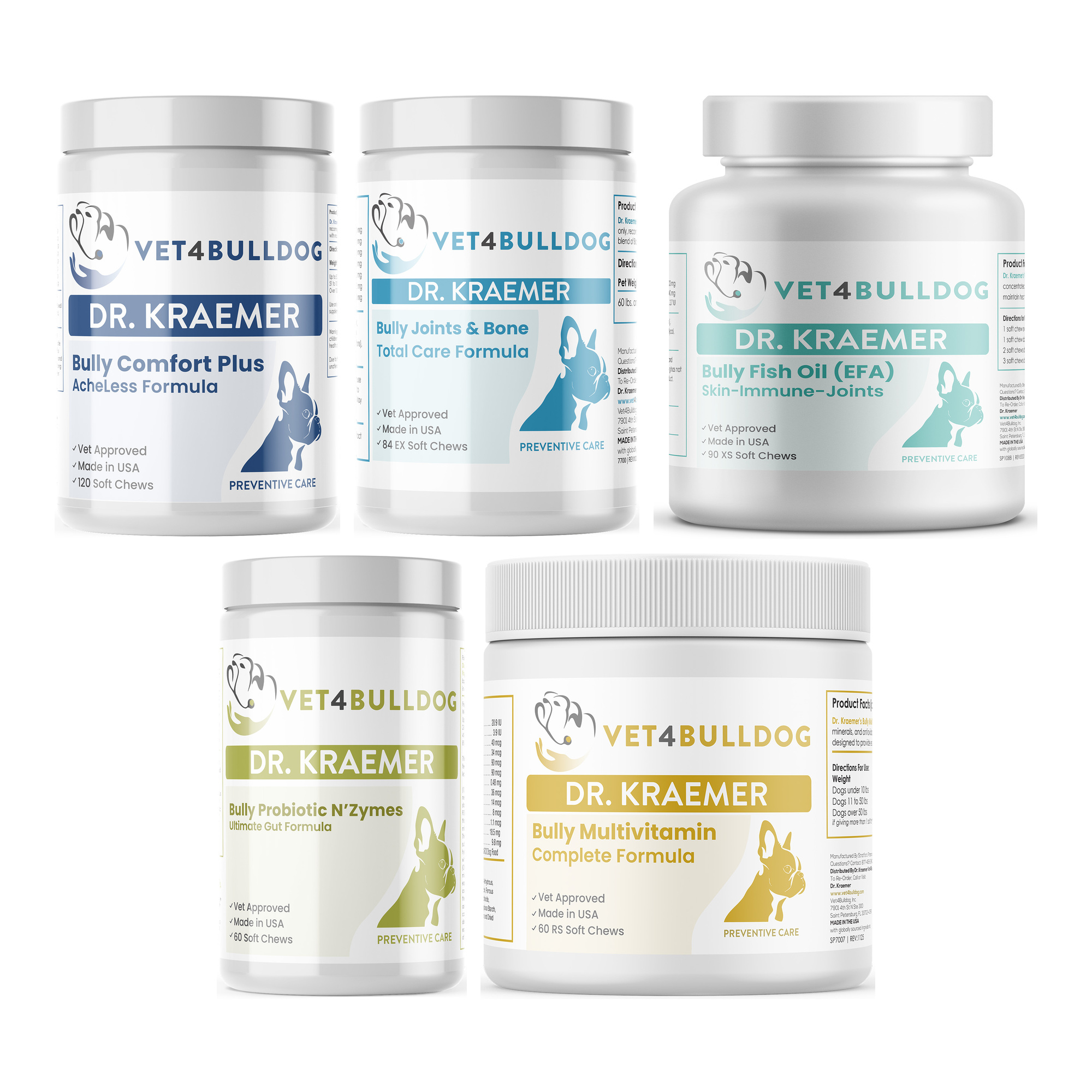 Bully Arthritis Pain and Aches ULTIMATE Bundle 60lb and Over with Bulldog Comfort Plus AcheLess Formula, Bully Joint & Bone Total Care (60lb & Over / 84 Chews), Bully Fish Oil EFA DS (Sm-Med-Lg / 90 DS-chews), Bully Pre / Probiotics N' Zyme KEEP-UP, Bully Multivitamin Plus Optimized Formula on a white background.