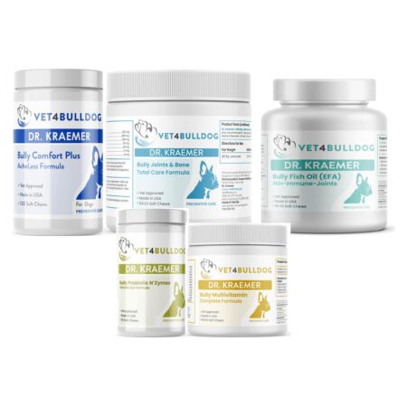 Dr. Kraemer’s Bully Arthritis Pain and Aches ULTIMATE Bundle 60lb and Over, current Vet4Bulldog products in a closeup bundle packshot