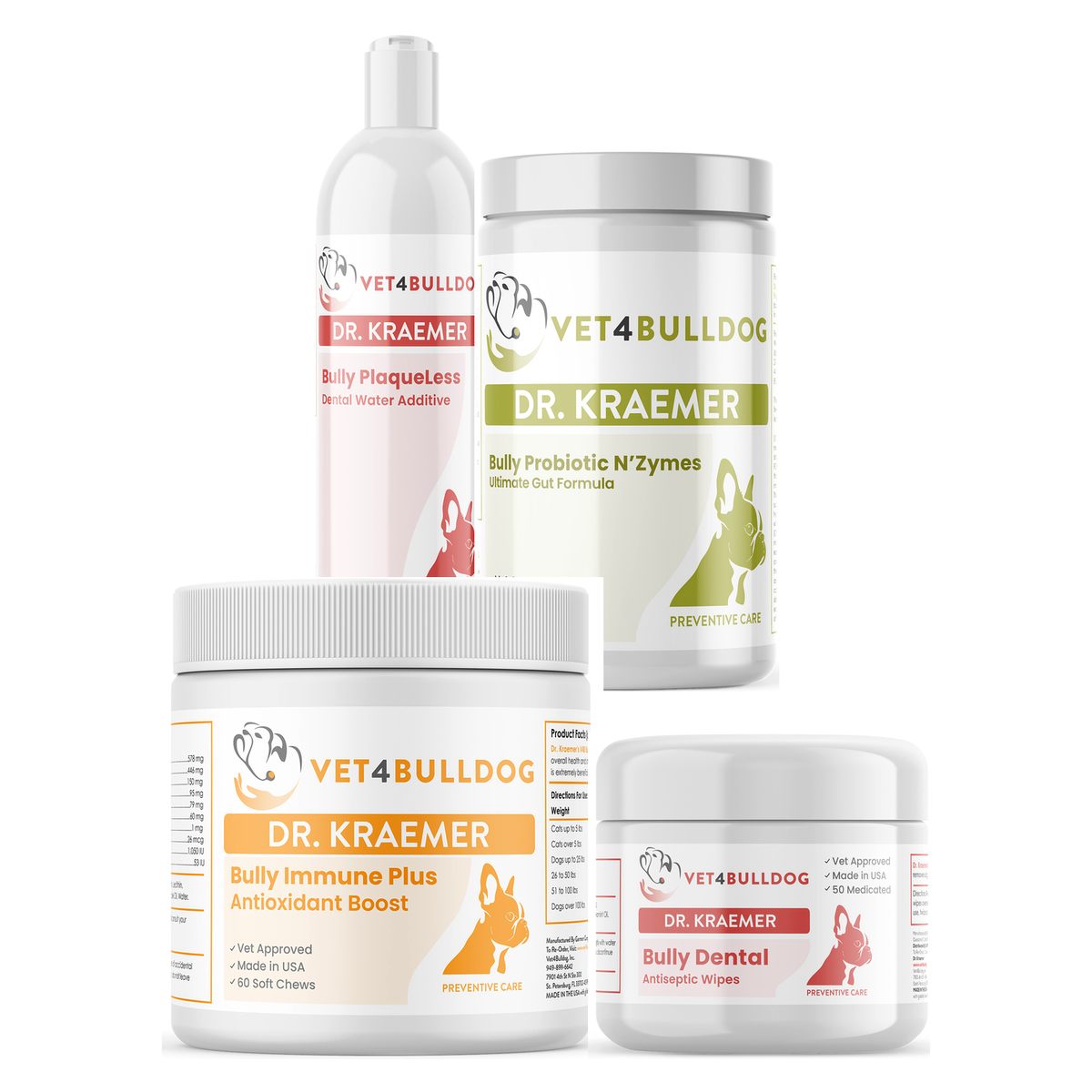 Dr. Kraemer’s Bully Dental Hygiene PlaqueLess Ultimate Care Bundle, current Vet4Bulldog products in a closeup bundle packshot
