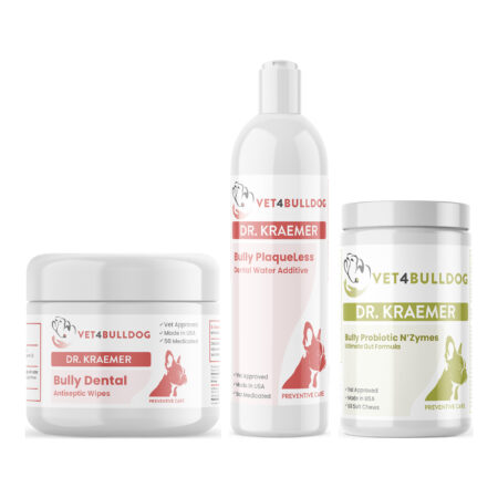 Bully Dental Hygiene TartarLess Vital Bundle with Bully Teeth & Gums Antiseptic Dental Wipe, Bully Dental Antimicrobial Water Additive & Mouth Rinse, Bully Pre / Probiotics N' Zyme KEEP-UP on a white background.