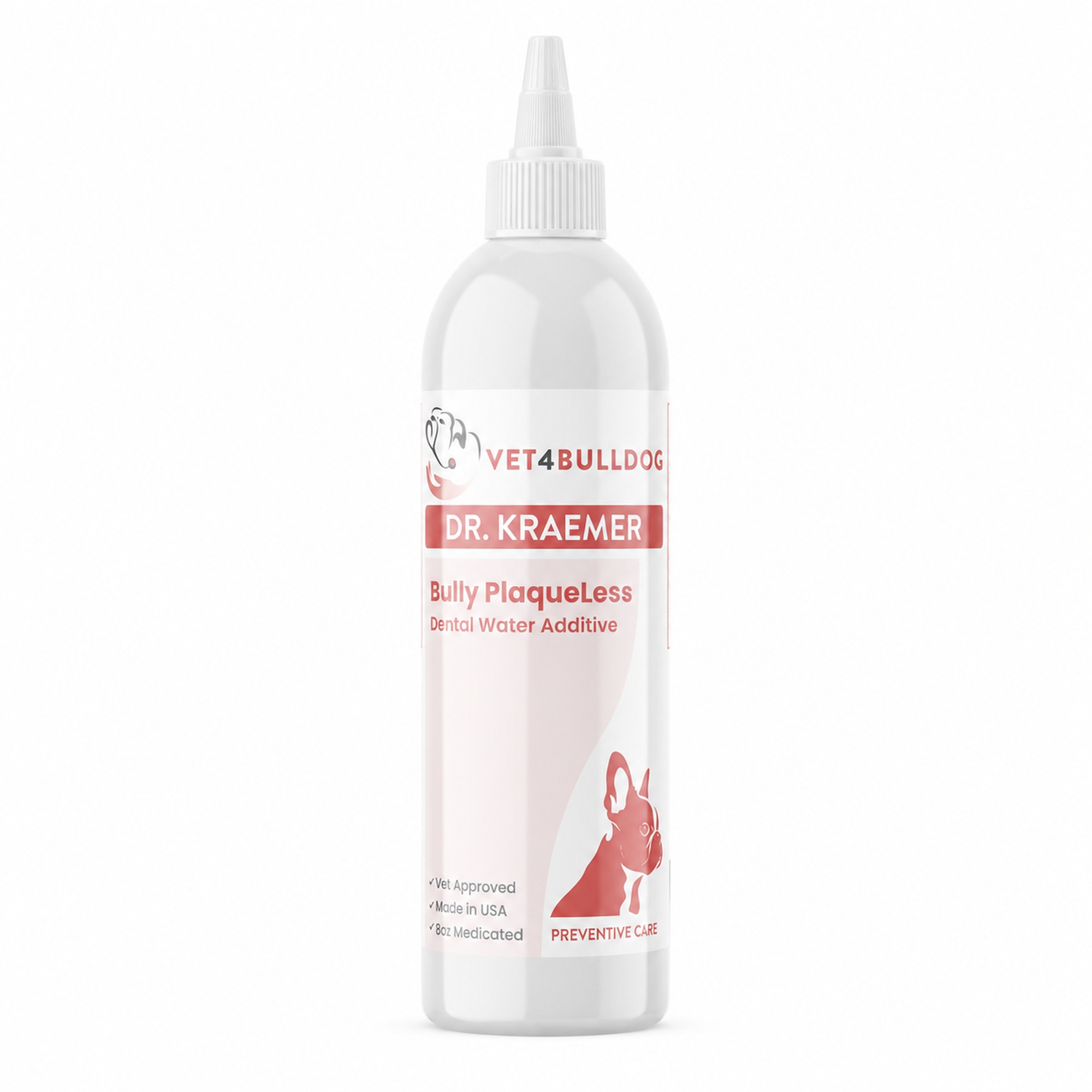Bully PlaqueLess dental water additive and mouth rinse with a clean white pointed rinse tip