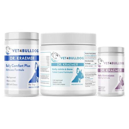 Dr. Kraemer’s Bully Disc, Back and Nerve Essential Bundle (Over 60lb), current Vet4Bulldog products in a closeup bundle packshot