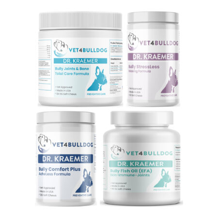 Dr. Kraemer's bully disc back and nerve ultimate bundle 59 lb and under, product containers together on a white background.