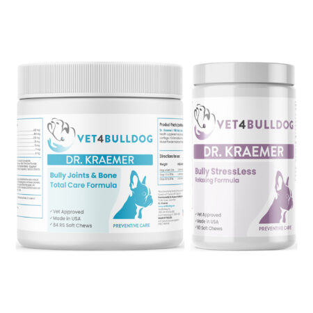 Dr. Kraemer's bully disc back and nerves basic care bundle 59 lb and under, product containers together on a white background.