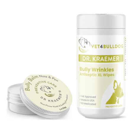 Bully Dry Crusty Nose & Paw Basic Bundle with Bully Crusty Hyperkeratosis Nose & Paw BALM, Wrinkle & Skinfold Antiseptic XL Wipes on a white background.