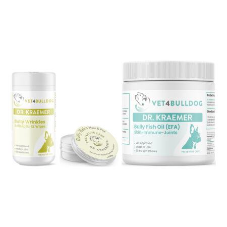 Bully Dry Crusty Nose & Paw Essential Bundle with Wrinkle & Skinfold Antiseptic XL Wipes, Bully Crusty Hyperkeratosis Nose & Paw BALM, Bully Fish Oil EFA (Sm-Med | 60 Chews) on a white background.