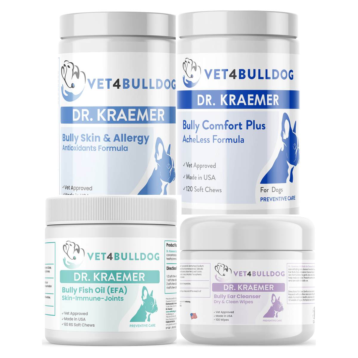 Dr. Kraemer’s Bully Ear Hematoma ULTIMATE Care Bundle, current Vet4Bulldog products in a closeup bundle packshot