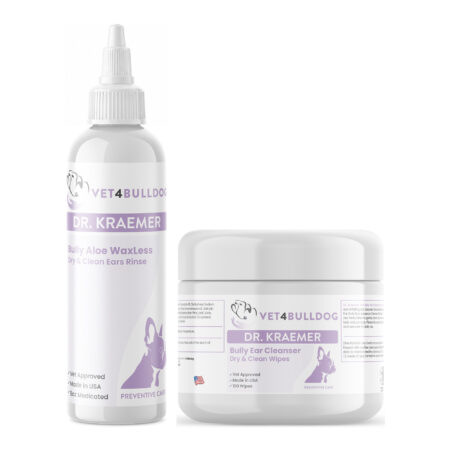 Bully Ears Basic-Care Low Cost Bundle with Bully WaxLess Aloe Vera Ear Rinse, Bully Advanced Ear Cleansing Wipes on a white background.