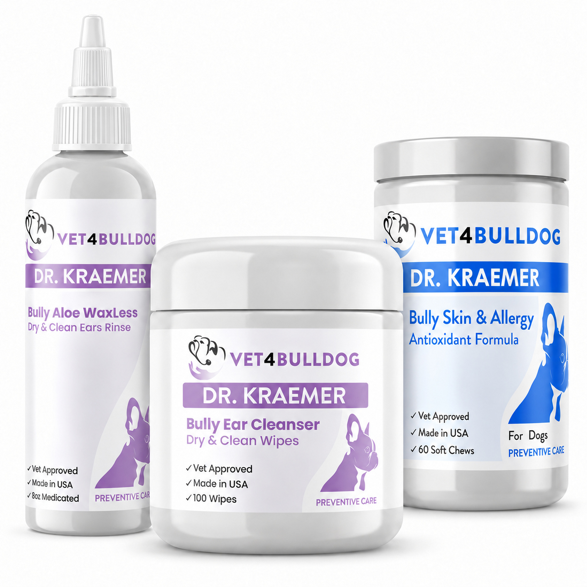 Bully Ears Essential Care Bundle with aloe ear rinse, clean white dispensing tip, ear cleansing wipes and Skin & Allergy chews.