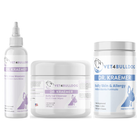 Bully Ears Essential-Care Bundle with WaxLess ear rinse, ear cleansing wipes and Skin and Ears Allergy Chews