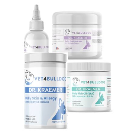 Dr. Kraemer’s Bully Ears Ultimate Care Bundle with ear rinse, cleanser wipes, Skin & Allergy chews and fish oil.