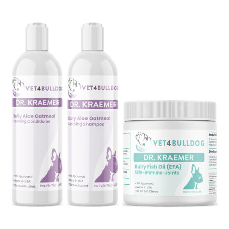 Bully Flank Alopecia Basic Care Bundle with Bully Aloe-Oatmeal Soothing Cream-Rinse Conditioner, Bully Aloe-Oatmeal Soothing Shampoo, Bully Fish Oil EFA (Sm-Med | 60 Chews) on a white background.