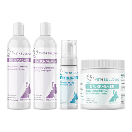 Bully Flank Alopecia Essential Bundle with Bully Aloe-Oatmeal Soothing Cream-Rinse Conditioner, Bully Aloe-Oatmeal Soothing Shampoo, Yeasty Bully Antiseptic No-Rinse Medicated Gel, Bully Fish Oil EFA (Sm-Med | 60 Chews) on a white background.