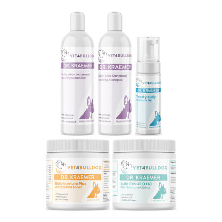 Bully Flank Alopecia ULTIMATE Bundle with Bulldog Immune Support Plus Chews, Bully Aloe-Oatmeal Soothing Cream-Rinse Conditioner, Bully Aloe-Oatmeal Soothing Shampoo, Yeasty Bully Antiseptic No-Rinse Medicated Gel, Bully Fish Oil EFA (Sm-Med | 60 Chews) on a white background.