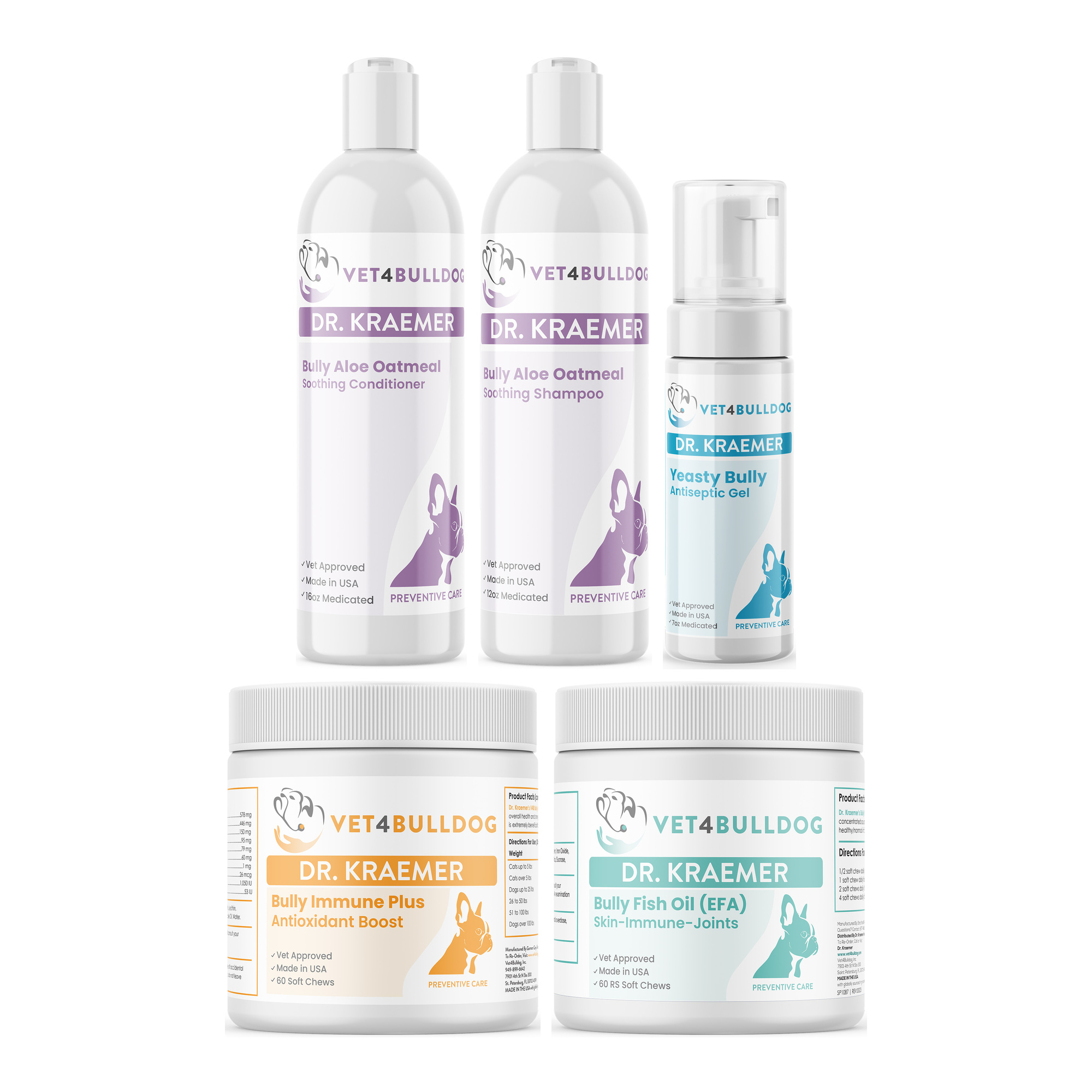 Bully Flank Alopecia ULTIMATE Bundle with Bulldog Immune Support Plus Chews, Bully Aloe-Oatmeal Soothing Cream-Rinse Conditioner, Bully Aloe-Oatmeal Soothing Shampoo, Yeasty Bully Antiseptic No-Rinse Medicated Gel, Bully Fish Oil EFA (Sm-Med | 60 Chews) on a white background.