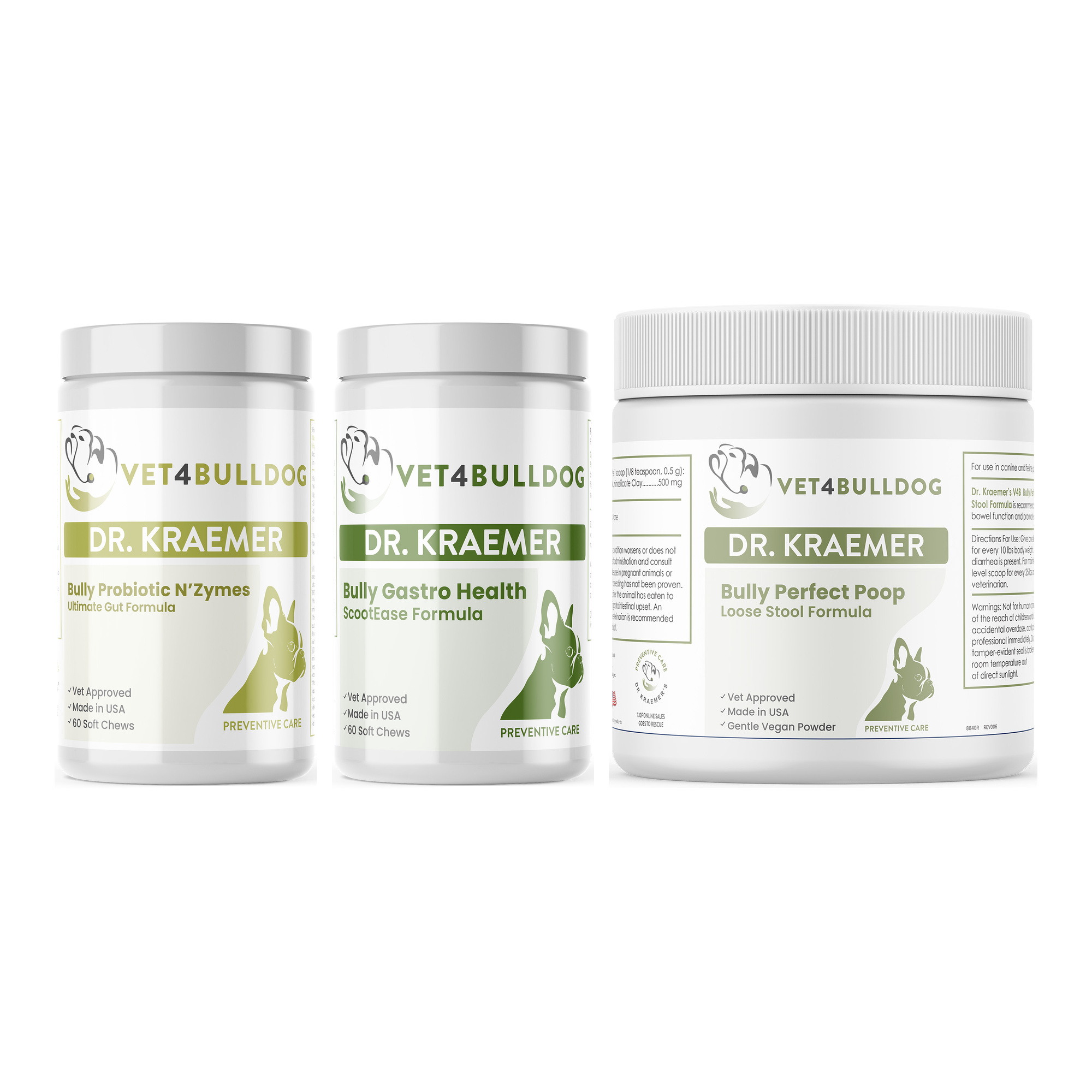 Bully Gastrointestinal Health Essential Bundle with Bully Pre / Probiotics N' Zyme KEEP-UP, Gastro Gentle Move & Anal Gland Health, Bully Perfect Poop Formula (Vegan Hypoallergenic) on a white background.