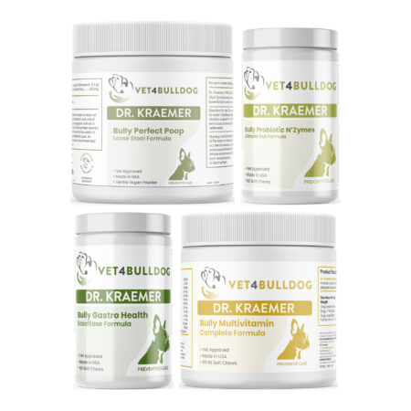 Bully Gastrointestinal Health Ultimate Bundle with Bully Pre / Probiotics N' Zyme KEEP-UP, Gastro Gentle Move & Anal Gland Health, Bully Perfect Poop Formula (Vegan Hypoallergenic), Bully Multivitamin Plus Optimized Formula on a white background.