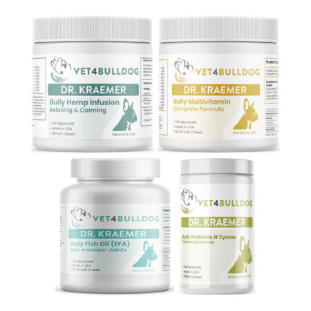 Bully Head Tremors ULTIMATE Bundle with Bully HEMP Relax & Calm, Bully Multivitamin Plus Optimized Formula, Bully Fish Oil EFA DS (Sm-Med-Lg / 90 DS-chews), Bully Pre / Probiotics N' Zyme KEEP-UP on a white background.