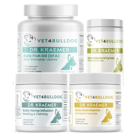 Dr. Kraemer’s Bully Head Tremors ULTIMATE Bundle, current Vet4Bulldog products in a closeup bundle packshot