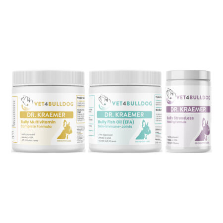 Bully Heart and Blood Essential Care Bundle with Bully Multivitamin Plus Optimized Formula, Bully Fish Oil EFA (Sm-Med | 60 Chews), Bully StressLess & Calming Aid on a white background.