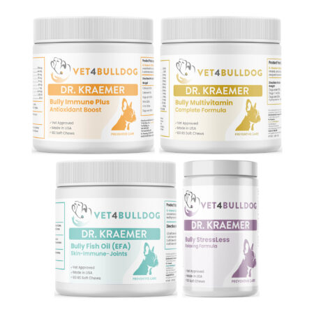 Bully Heart and Blood ULTIMATE Care Bundle with Bulldog Immune Support Plus Chews, Bully Multivitamin Plus Optimized Formula, Bully Fish Oil EFA (Sm-Med | 60 Chews), Bully StressLess & Calming Aid on a white background.