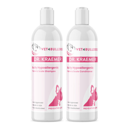 Bully Hypoallergenic Skincare Basic Bundle with Hypoallergenic Medicated Shampoo, V4B Bully Cream-Rinse Hypoallergenic Conditioner on a white background.