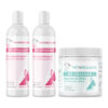 Bully Hypoallergenic Skincare Essential Bundle with Hypoallergenic Medicated Shampoo, V4B Bully Cream-Rinse Hypoallergenic Conditioner, Bully Fish Oil EFA (Sm-Med | 60 Chews) on a white background.