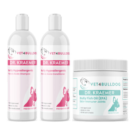 Bully Hypoallergenic Skincare Essential Bundle with Hypoallergenic Medicated Shampoo, V4B Bully Cream-Rinse Hypoallergenic Conditioner, Bully Fish Oil EFA (Sm-Med | 60 Chews) on a white background.