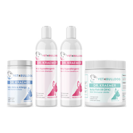 Bully Hypoallergenic Skincare ULTIMATE Bundle with Bully Skin and Ears Allergy Chews, Hypoallergenic Medicated Shampoo, V4B Bully Cream-Rinse Hypoallergenic Conditioner, Bully Fish Oil EFA (Sm-Med | 60 Chews) on a white background.