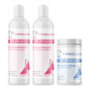 Bully Hypoallergenic Vital Skin Care Bundle with Hypoallergenic Medicated Shampoo, V4B Bully Cream-Rinse Hypoallergenic Conditioner, Bully Skin and Ears Allergy Chews on a white background.