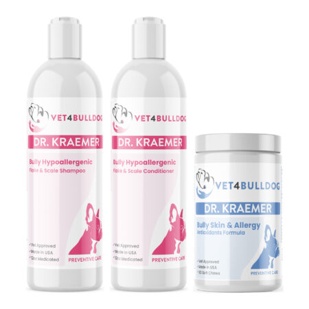 Bully Hypoallergenic Vital Skin Care Bundle with Hypoallergenic Medicated Shampoo, V4B Bully Cream-Rinse Hypoallergenic Conditioner, Bully Skin and Ears Allergy Chews on a white background.