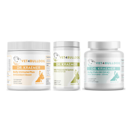 Bully Immune Support Essential Care Bundle with Bulldog Immune Support Plus Chews, Bully Pre / Probiotics N' Zyme KEEP-UP, Bully Fish Oil EFA DS (Sm-Med-Lg / 90 DS-chews) on a white background.