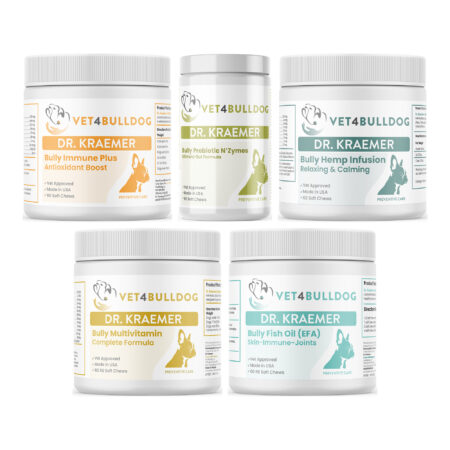Bully Immune Support ULTIMATE Care Bundle with Bulldog Immune Support Plus Chews, Bully Pre / Probiotics N' Zyme KEEP-UP, Bully HEMP Relax & Calm, Bully Multivitamin Plus Optimized Formula, Bully Fish Oil EFA (Sm-Med | 60 Chews) on a white background.