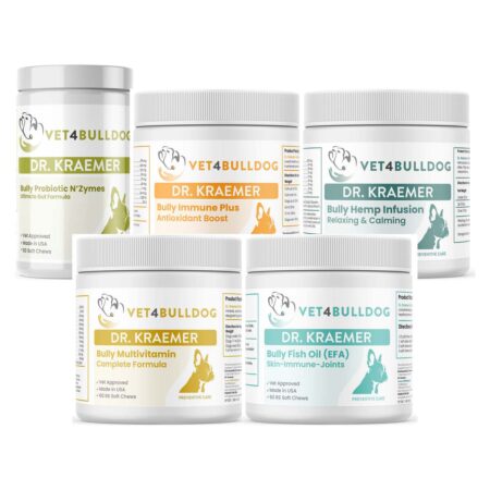 Dr. Kraemer’s Bully Immune Support ULTIMATE Care Bundle, current Vet4Bulldog products in a closeup bundle packshot