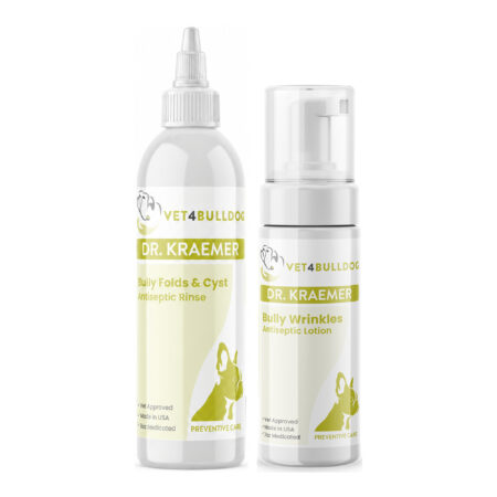Bully Interdigital Cyst Basic Bundle with Bully Skinfold & Cyst Antiseptic Rinse, Bully Wrinkles Antiseptic Lotion on a white background.