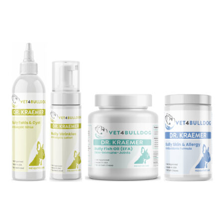 Bully Interdigital Cyst ULTIMATE Bundle with Bully Skinfold & Cyst Antiseptic Rinse, Bully Wrinkles Antiseptic Lotion, Bully Fish Oil EFA DS (Sm-Med-Lg / 90 DS-chews), Bully Skin and Ears Allergy Chews on a white background.