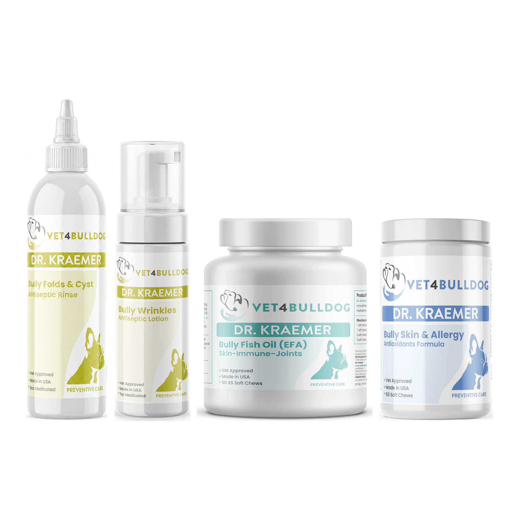 Bully Interdigital Cyst ULTIMATE Bundle with Bully Skinfold & Cyst Antiseptic Rinse, Bully Wrinkles Antiseptic Lotion, Bully Fish Oil EFA DS (Sm-Med-Lg / 90 DS-chews), Bully Skin and Ears Allergy Chews on a white background.