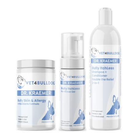 Bully ItchLess Essential-Care Bundle with Bully Skin and Ears Allergy Chews, Bully ItchLess No Rinse Gel, Bully ItchLess 2-in-1 Shampoo + Conditioner on a white background.
