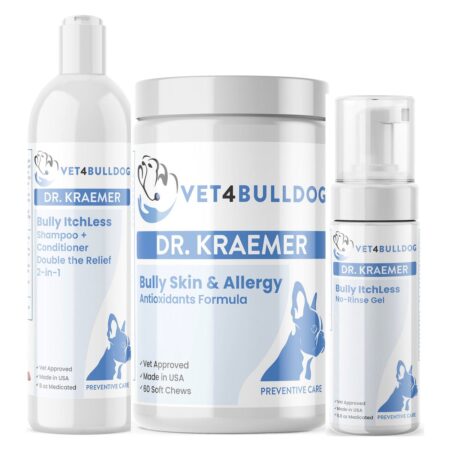 Dr. Kraemer’s Bully ItchLess Essential-Care Bundle, current Vet4Bulldog products in a closeup bundle packshot