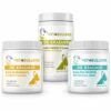 Three current-label supplement jars in the Bully Longevity Essentials Bundle for dogs 59lb and under.