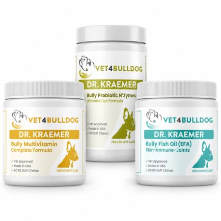Three current-label supplement jars in the Bully Longevity Essentials Bundle for dogs 59lb and under.