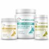 Three supplement jars in the Longevity Essentials bundle, with the larger fish oil 90 jar for dogs 60lb and over.