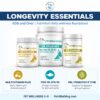 Longevity Essentials 60lb and over contents with multivitamin, fish oil 90 and probiotics.