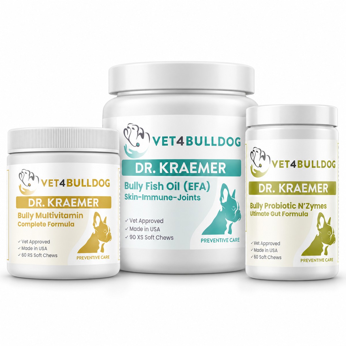 Three supplement jars in the Longevity Essentials bundle, with the larger fish oil 90 jar for dogs 60lb and over.