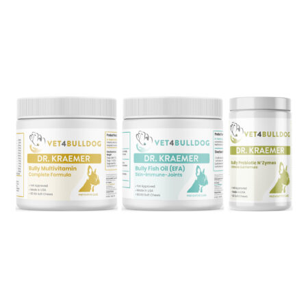 Dr. Kraemer's bully longevity essentials bundle 59 lb and under, product containers together on a white background.