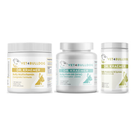 Dr. Kraemer's bully longevity essentials bundle 60 lb and over, product containers together on a white background.