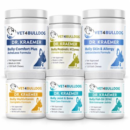 Six tightly grouped current-label supplements in the Bully Longevity Vital Bundle for dogs 59lb and under.