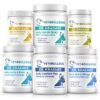 Six Longevity Vital supplement jars with larger fish oil and joint products for dogs 60lb and over.